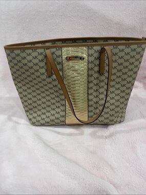 Michael Kors Beige MK Monogram Tote with Gold Center Panel
